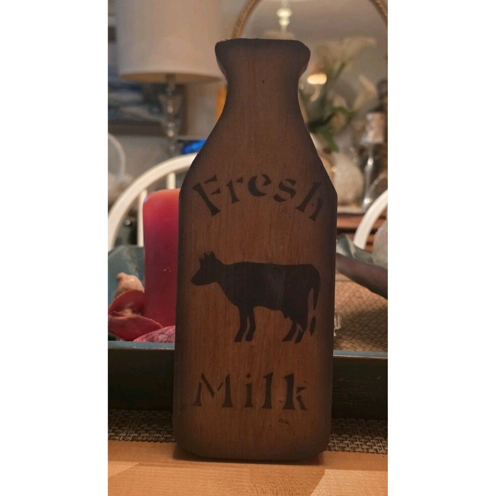 Solid Wood Fresh Milk Cow Bottle Cutout Heavy Kitchen Wall Decor